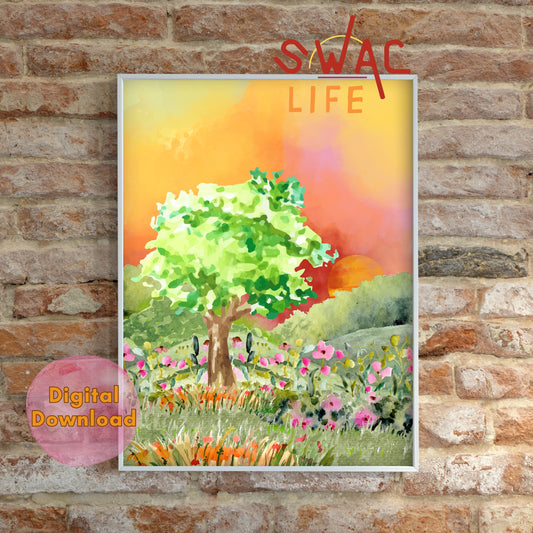 Blooming Hills | Cheerful Watercolor Digital Download | Tree & Flowers Landscape Art