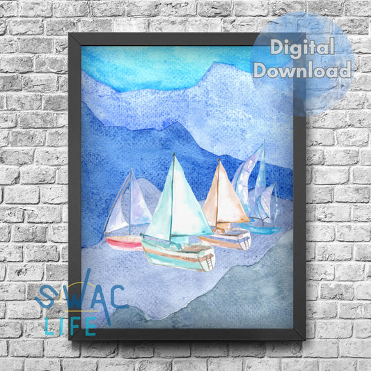 A piece of watercolor framed art featuring sailboats and chunky blue waves hanging on a brick wall