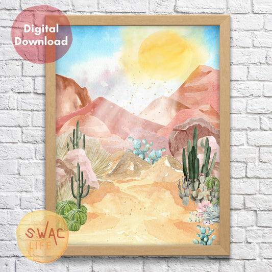 Sunny Bright Desert | Digital Download Landscape Art | Watercolor Mountains and Cactuses Nature Scene