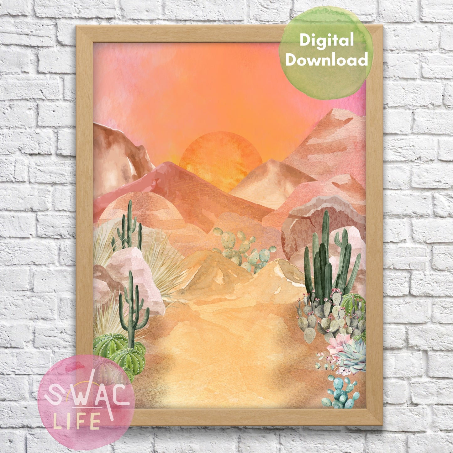 Warm Desert Sunset | Digital Download Art Print | Watercolor Mountain and Cactus Scene