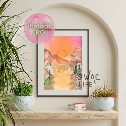 Warm Desert Sunset | Digital Download Art Print | Watercolor Mountain and Cactus Scene