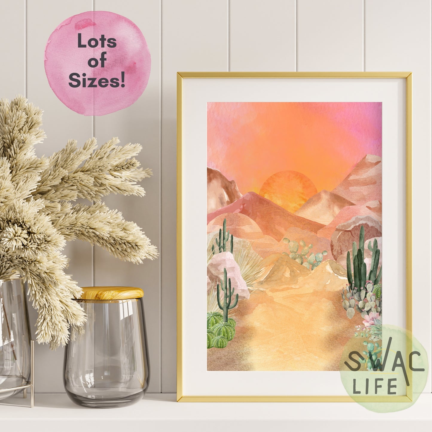 Warm Desert Sunset | Digital Download Art Print | Watercolor Mountain and Cactus Scene