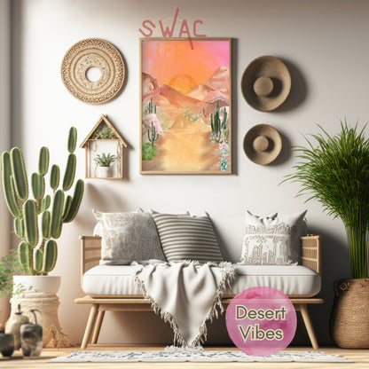 Warm Desert Sunset | Digital Download Art Print | Watercolor Mountain and Cactus Scene