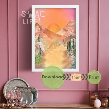 Warm Desert Sunset | Digital Download Art Print | Watercolor Mountain and Cactus Scene