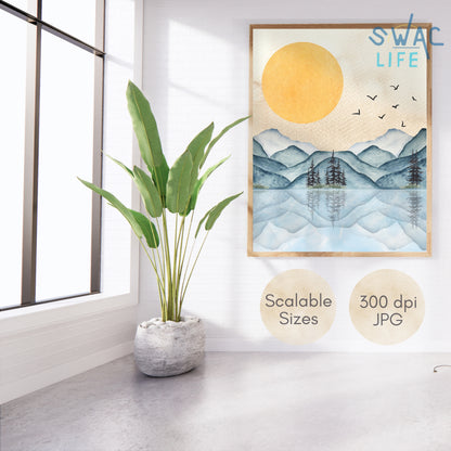 Watercolor Mountain Lake | Digital Download Art | Calming Wall Decor